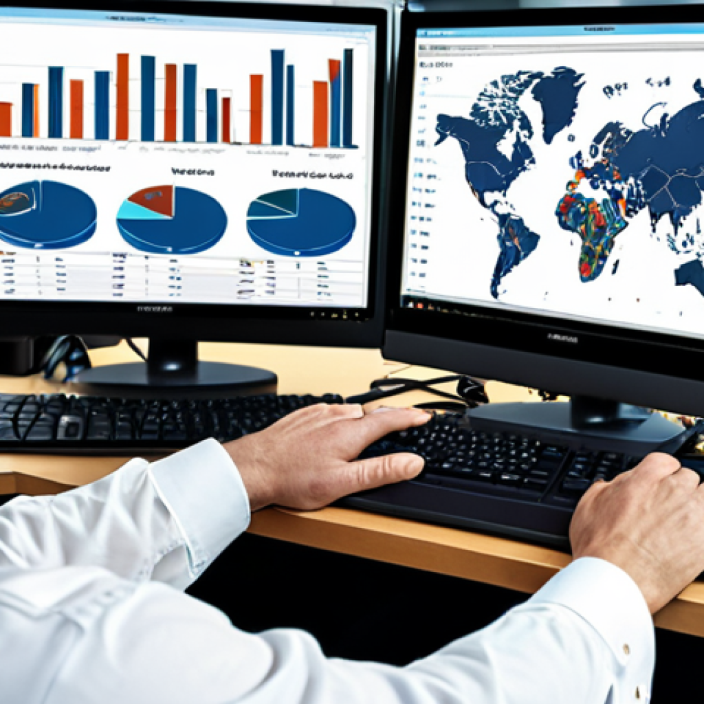 **Strategic Supply Chain Vision:** A logistics manager overseeing a complex supply chain network, utilizing data analytics dashboards to optimize routes and anticipate market trends. Focus on elements like predictive analysis tools, agile management models, and information-sharing systems. Style: Clean, modern, corporate, with a focus on technology and data visualization.
