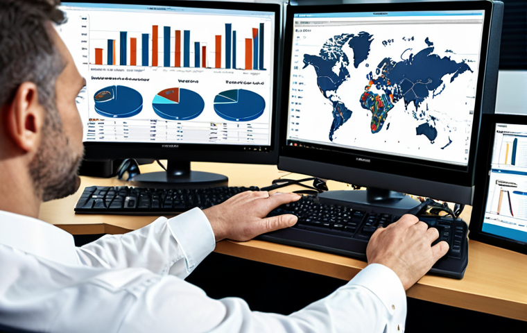 **Strategic Supply Chain Vision:** A logistics manager overseeing a complex supply chain network, utilizing data analytics dashboards to optimize routes and anticipate market trends. Focus on elements like predictive analysis tools, agile management models, and information-sharing systems. Style: Clean, modern, corporate, with a focus on technology and data visualization.
