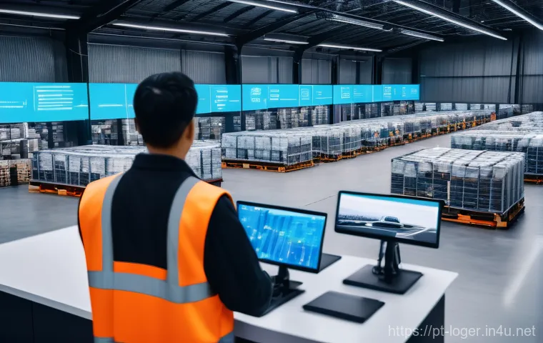 물류관리사 직무별 요구 역량 - **Prompt:** A futuristic, highly automated logistics hub at twilight. Autonomous robots are precisel...