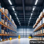 물류관리사와 창고 입출고 관리 - A modern warehouse interior showing an organized layout with vertical shelving units filled with var...