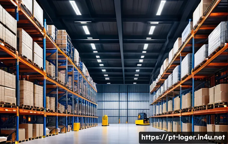 물류관리사와 창고 입출고 관리 - A modern warehouse interior showing an organized layout with vertical shelving units filled with var...