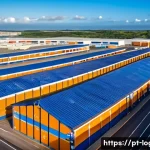 물류관리사 물류 네트워크 설계 - A modern logistics distribution center located near a bustling urban market in Brazil, showcasing la...