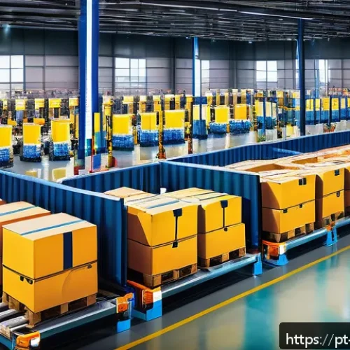 물류관리사와 물류 자동화 비용 절감 - A modern Brazilian logistics warehouse interior with automated robotic arms sorting and packaging pa...