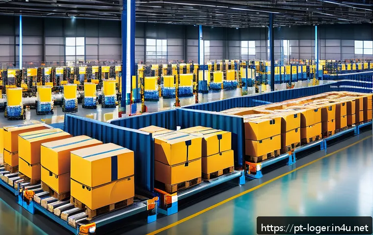 물류관리사와 물류 자동화 비용 절감 - A modern Brazilian logistics warehouse interior with automated robotic arms sorting and packaging pa...
