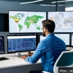 물류관리사 물류 비상 상황 관리 - A modern logistics control room with diverse professionals of various ethnicities collaborating in r...