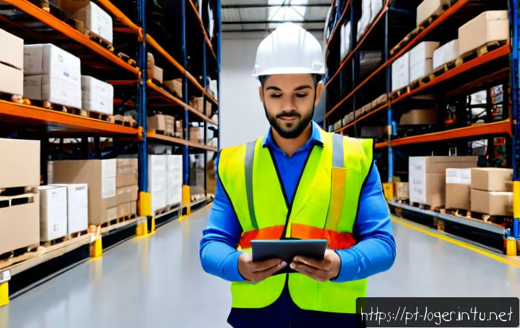 Home 17 물류관리사와 신기술 도입 효과 - Photorealistic Brazilian logistics manager in a modern São Paulo distribution warehouse, wearing a c...