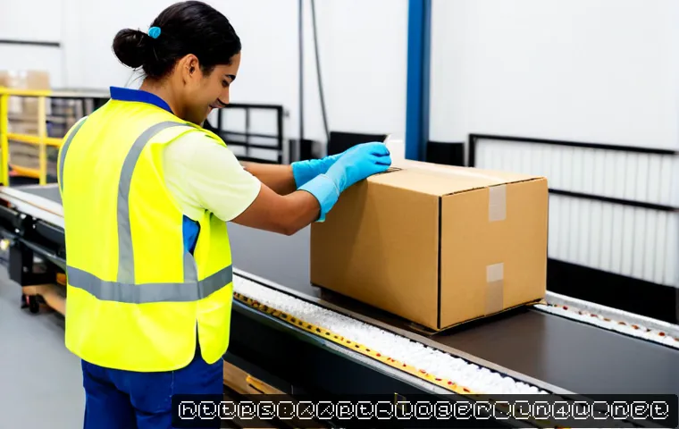 Home 17 물류관리사 포장기술과 물류 - Photorealistic modern Brazilian logistics warehouse, a packaging technician in clean safety vest and...